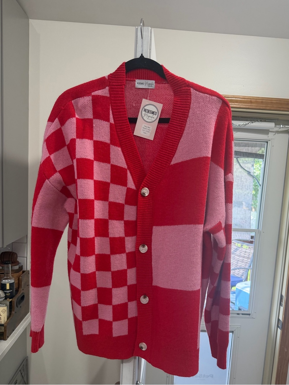 Checkerboard Colorblock Red and Pink Cardigan